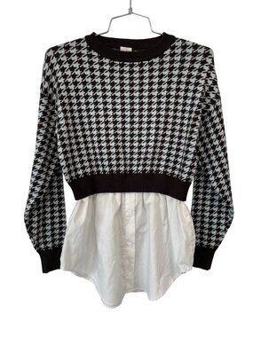 Joie Sweater Top XS Layered Houndstooth Crewneck Long Sleeve Black White Preppy